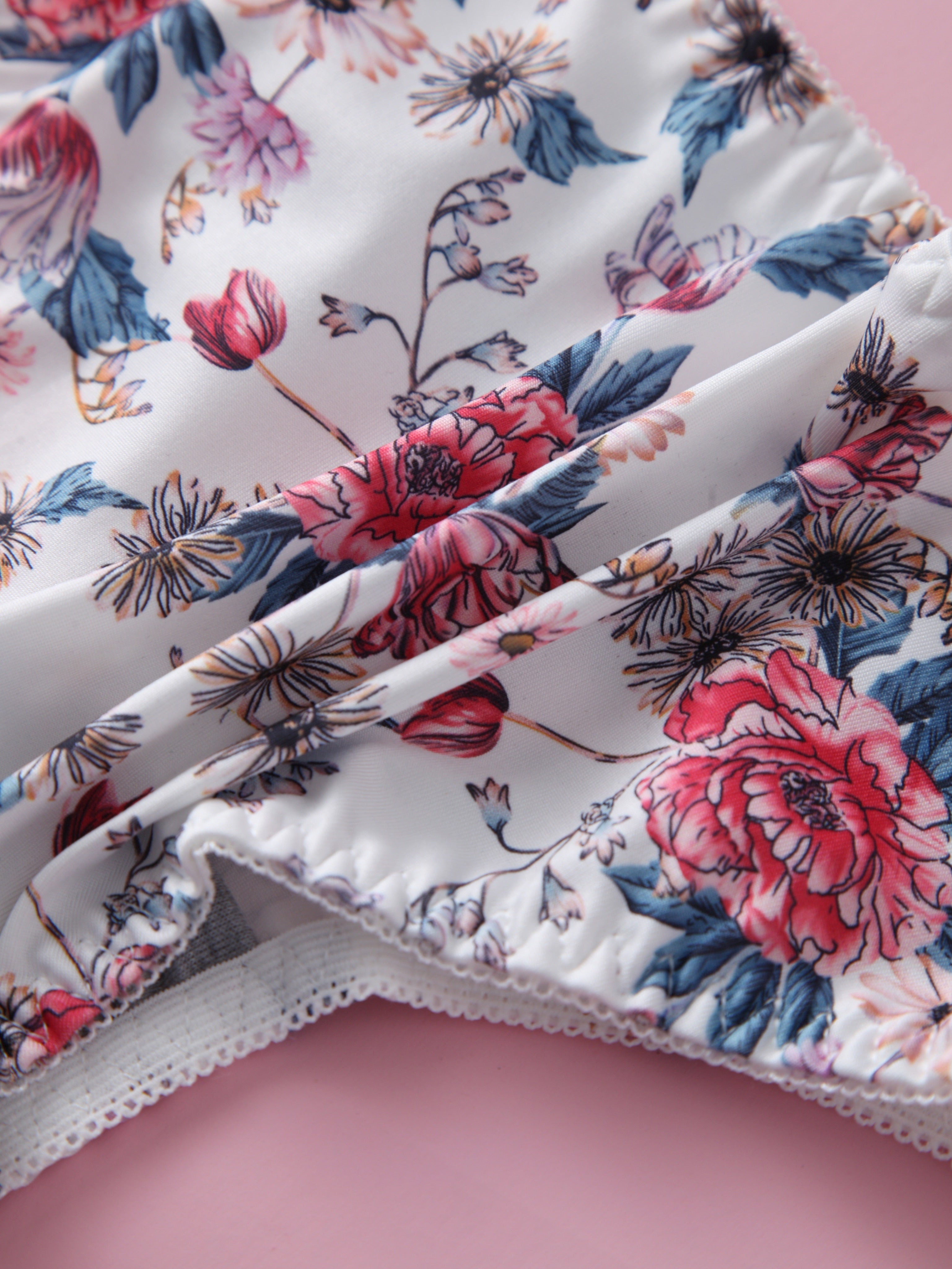 Floral Print Lingerie Bra Set with Steel Ring Detail for Women