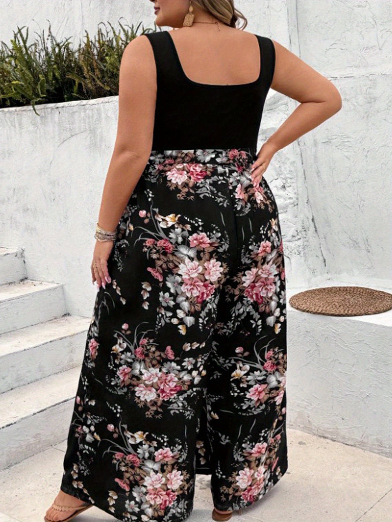 Women's Plus Size Floral Print Sleeveless Jumpsuit with Belt Black Pink White