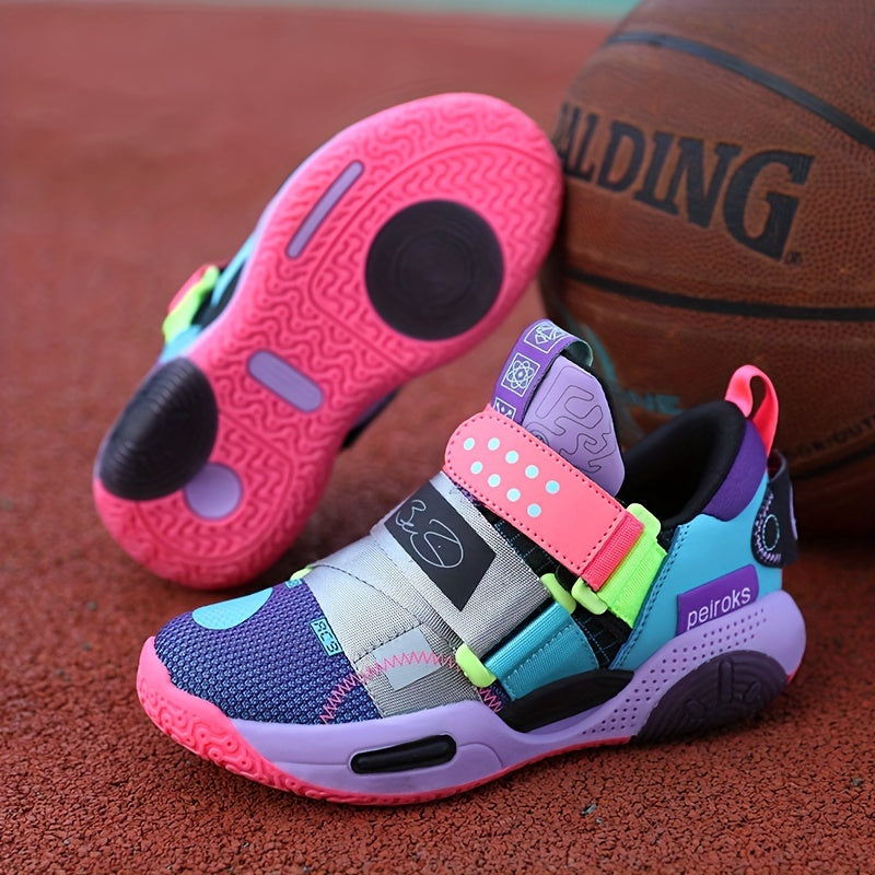 Youth Casual Basketball Sneakers Girls Pink Purple Blue Low Top TPR Sole Elastic Closure