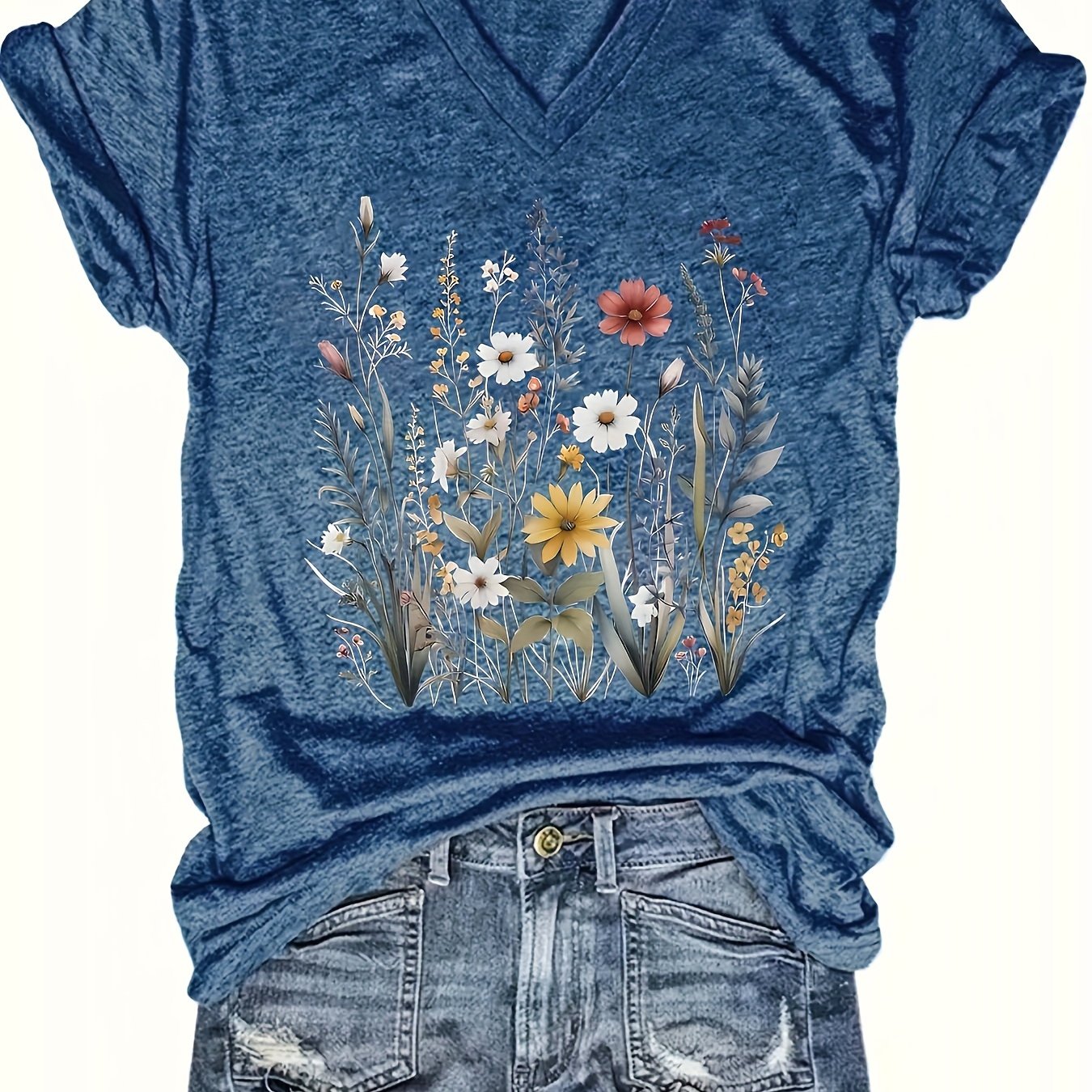 Women's V-Neck Short Sleeve T-Shirt Dark Grey Floral Summer Top Breathable