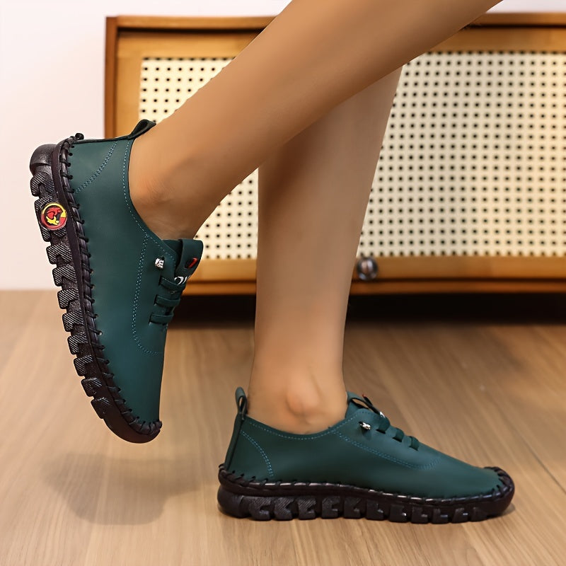 Women's All-Season Leather Loafers with Non-Slip Sole and Sparkle Detail