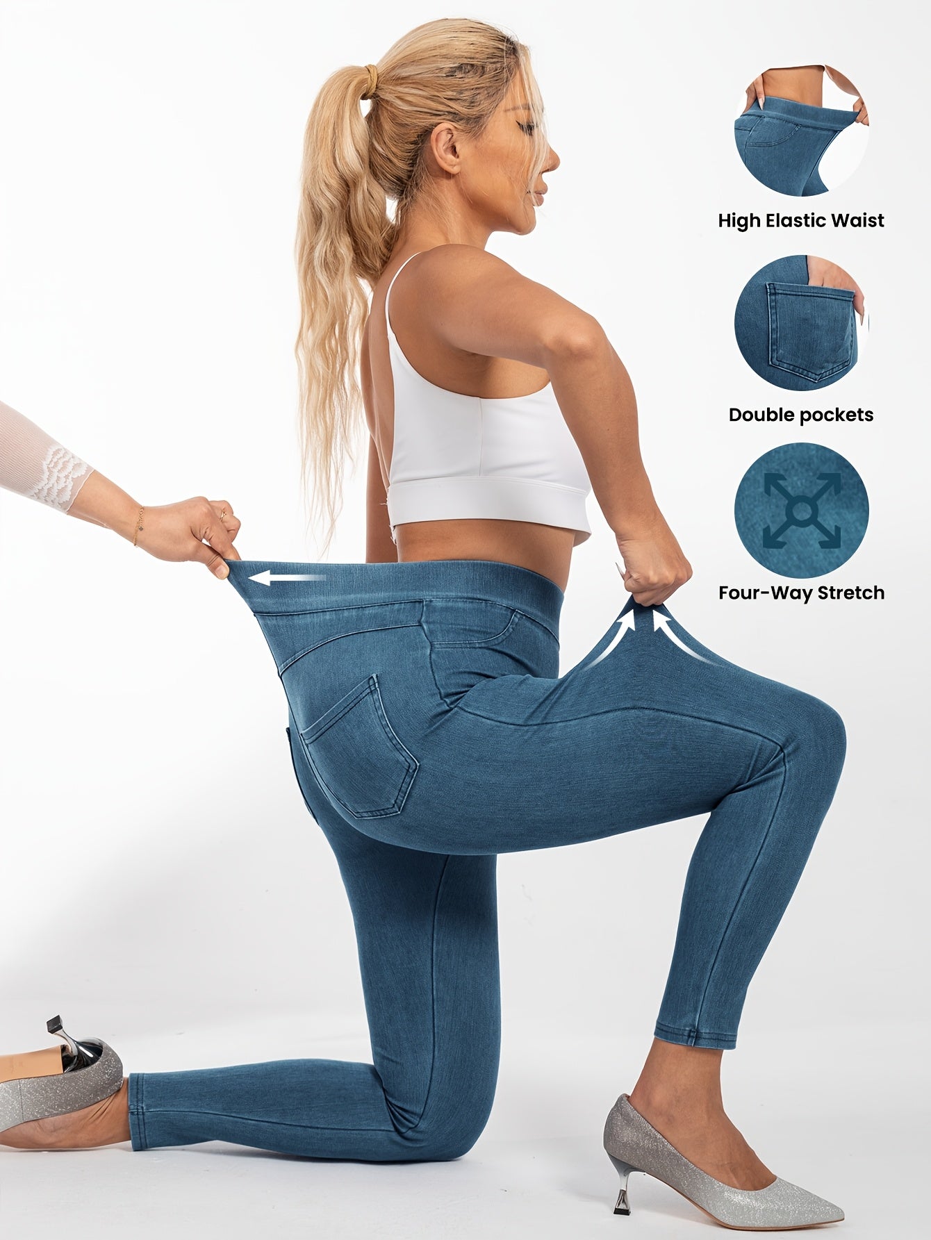 Ayollar uchun yuqori belli soxta denim jegging, elastik tasma va cho'ntaklar bilan. O'rtacha qo'llab-quvvatlash uchun polyester va spandeks aralashmasi. Mustaqil rang, to'qilgan mato, qisqa uzunlik. Har kuni kiyish uchun mos.