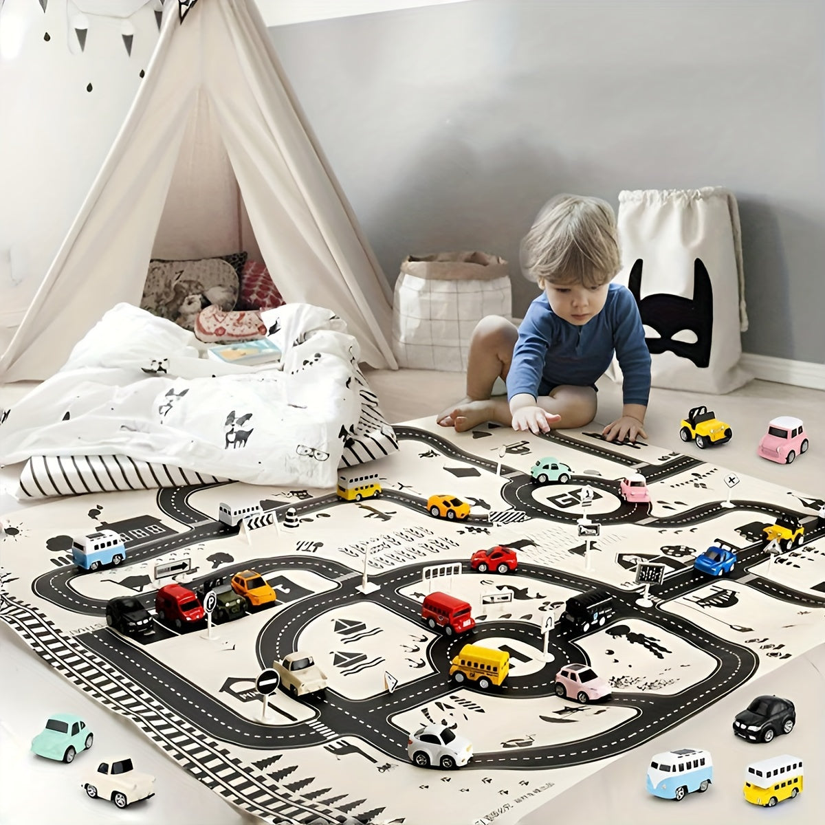 Alfombra de juego para niños en blanco y negro con diseño de mapa de tráfico urbano impermeable