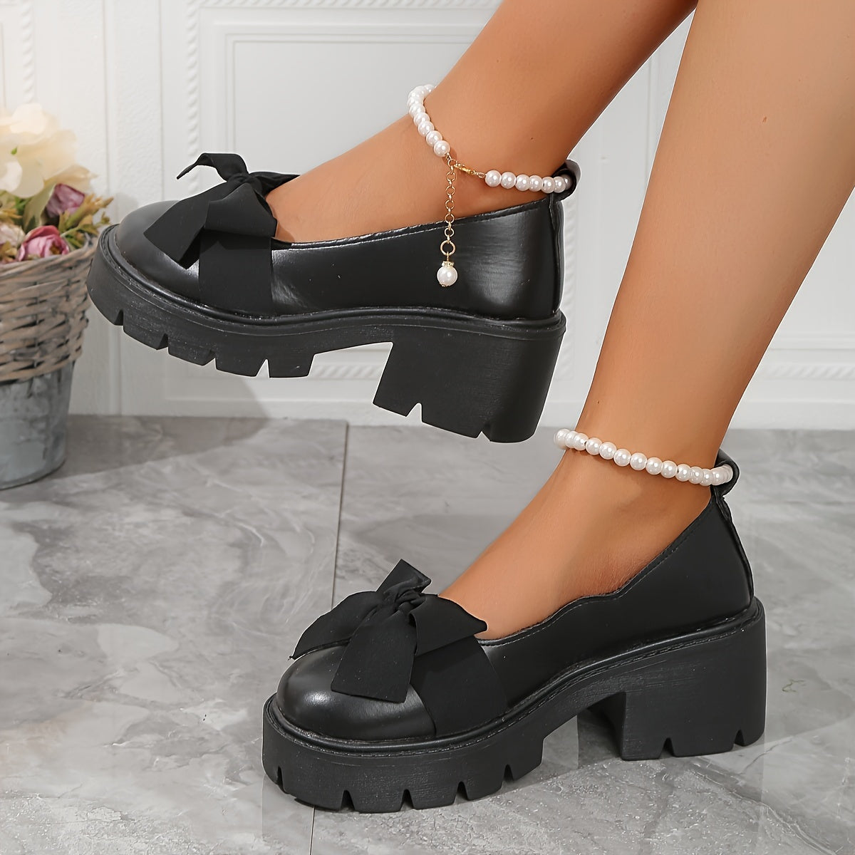 Women's Faux Pearl Bow Decor Loafers with Chunky Heels and Platform