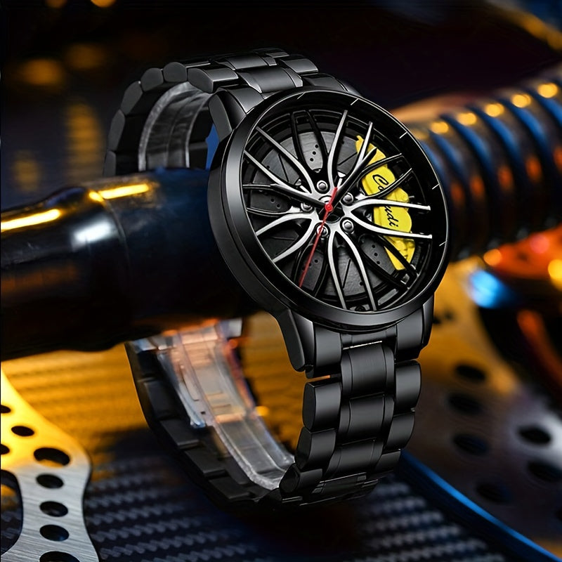 Men's Sports Watch with Car Wheel Hub Caliper Design Steel Band Luminous Hollow Dial