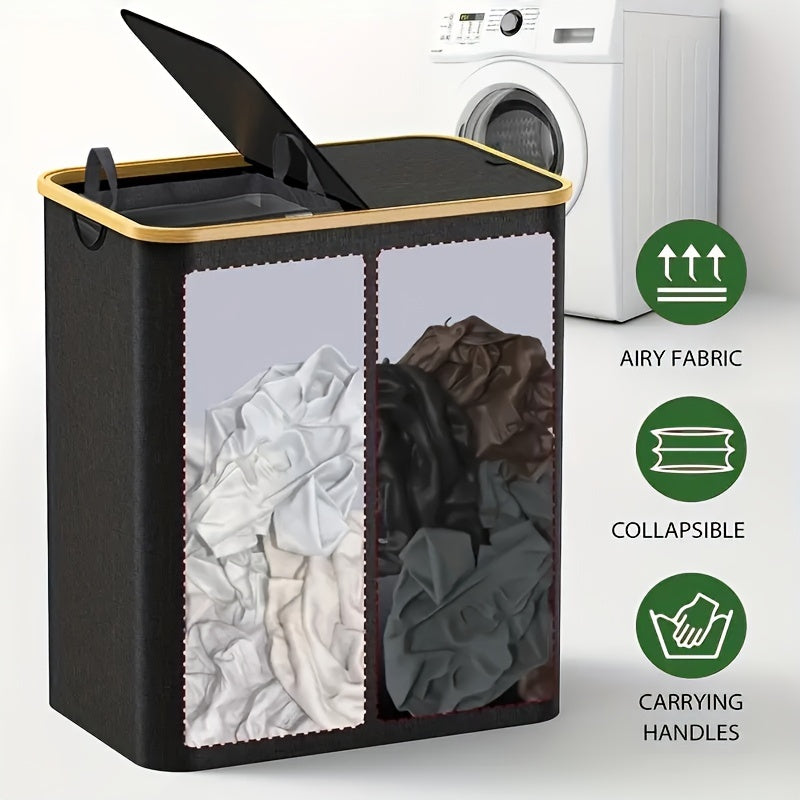 Large Capacity Double Layer Laundry Basket with Lid and Removable Washable Bags