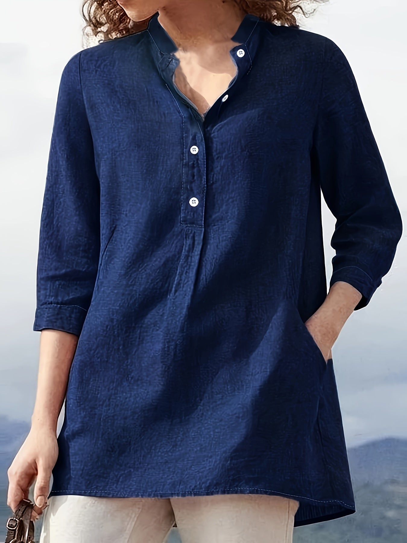 Women's Plus Size Casual Solid Color Shirt Polyester Blend Stand Collar Button