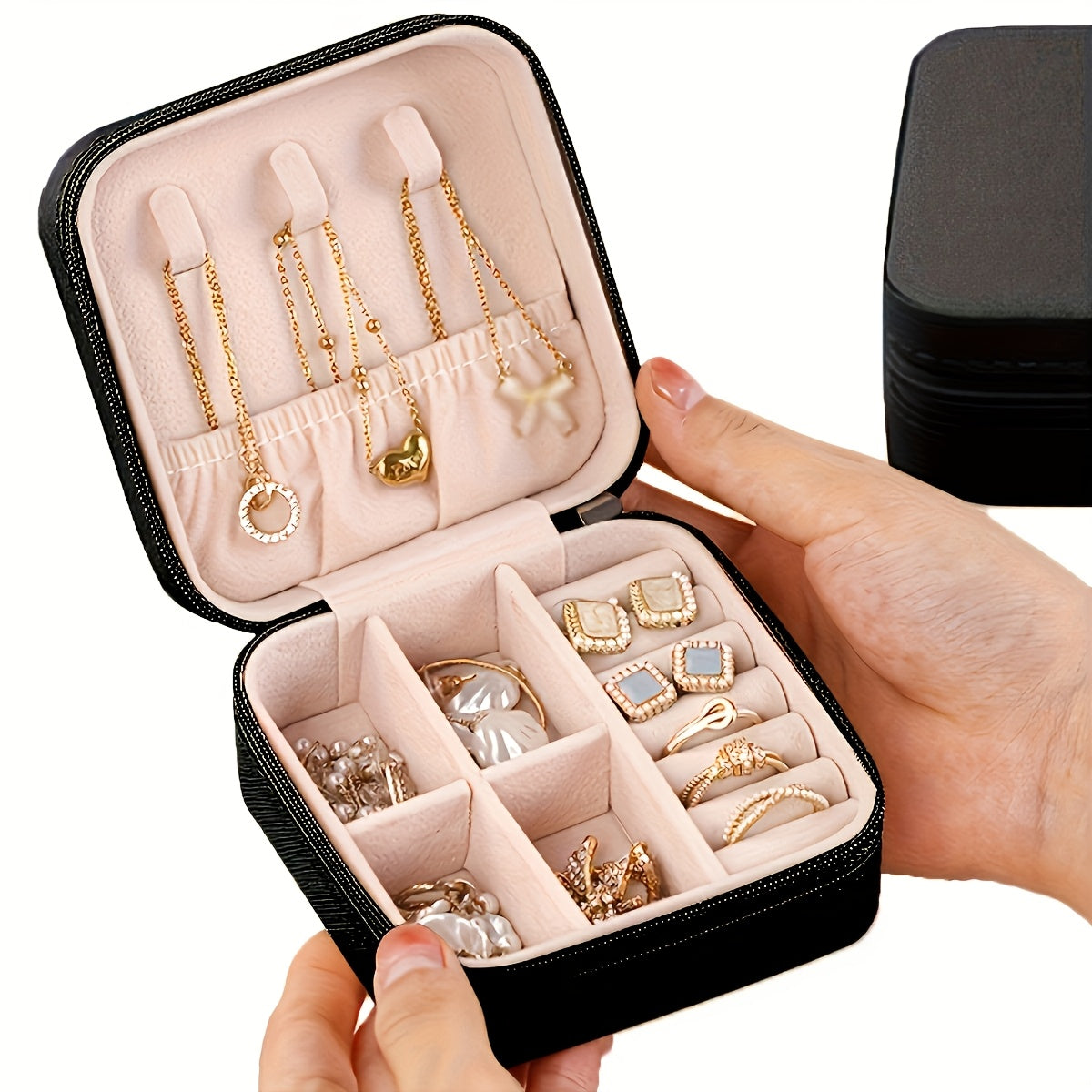 Leather Jewelry Organizer Box with Ring Roll and Necklace Hook for Travel