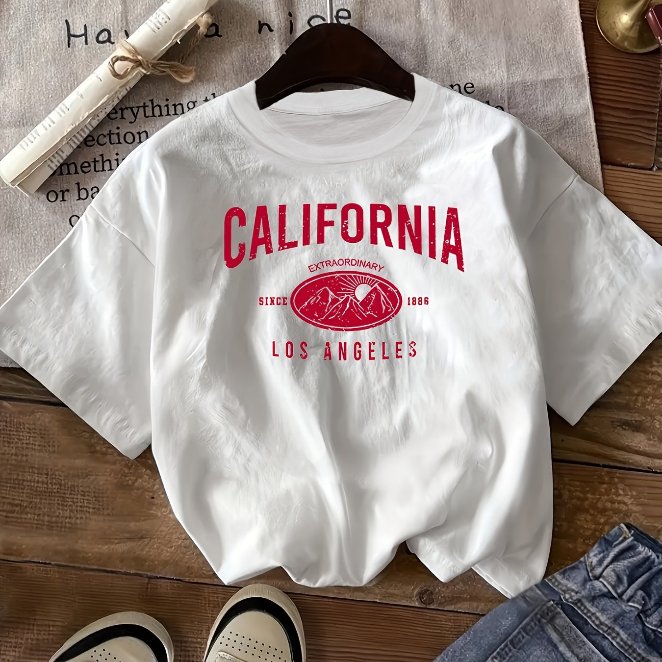 Women’s Polyester California Print T-Shirt Short Sleeve Crew Neck Casual Summer Spring