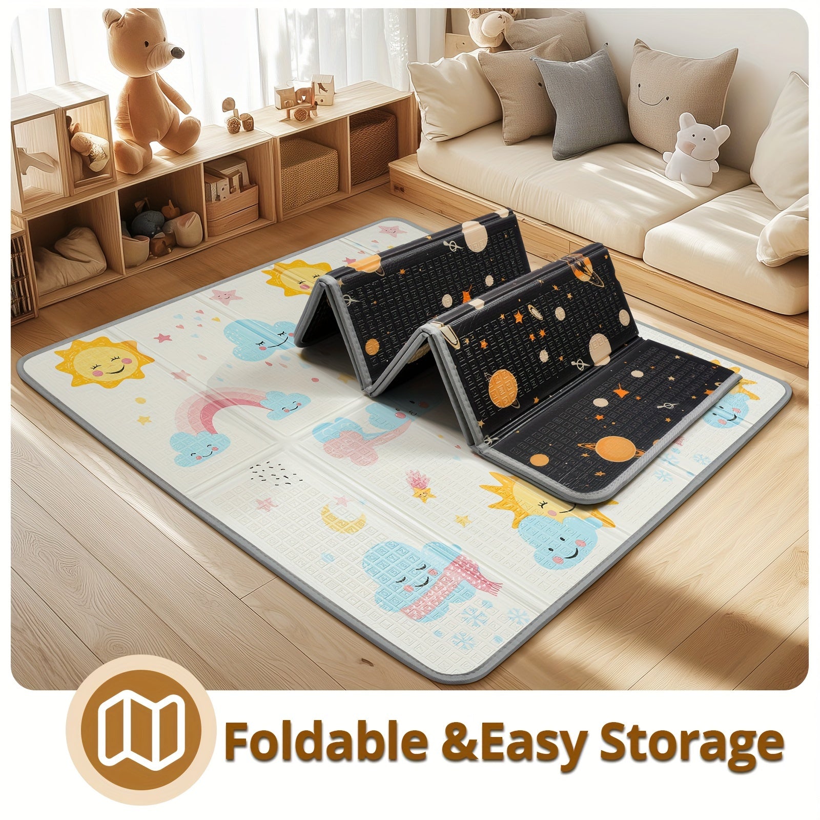 Kids Reversible Play Mat Waterproof Foam Floor Mat 127cm with Fence