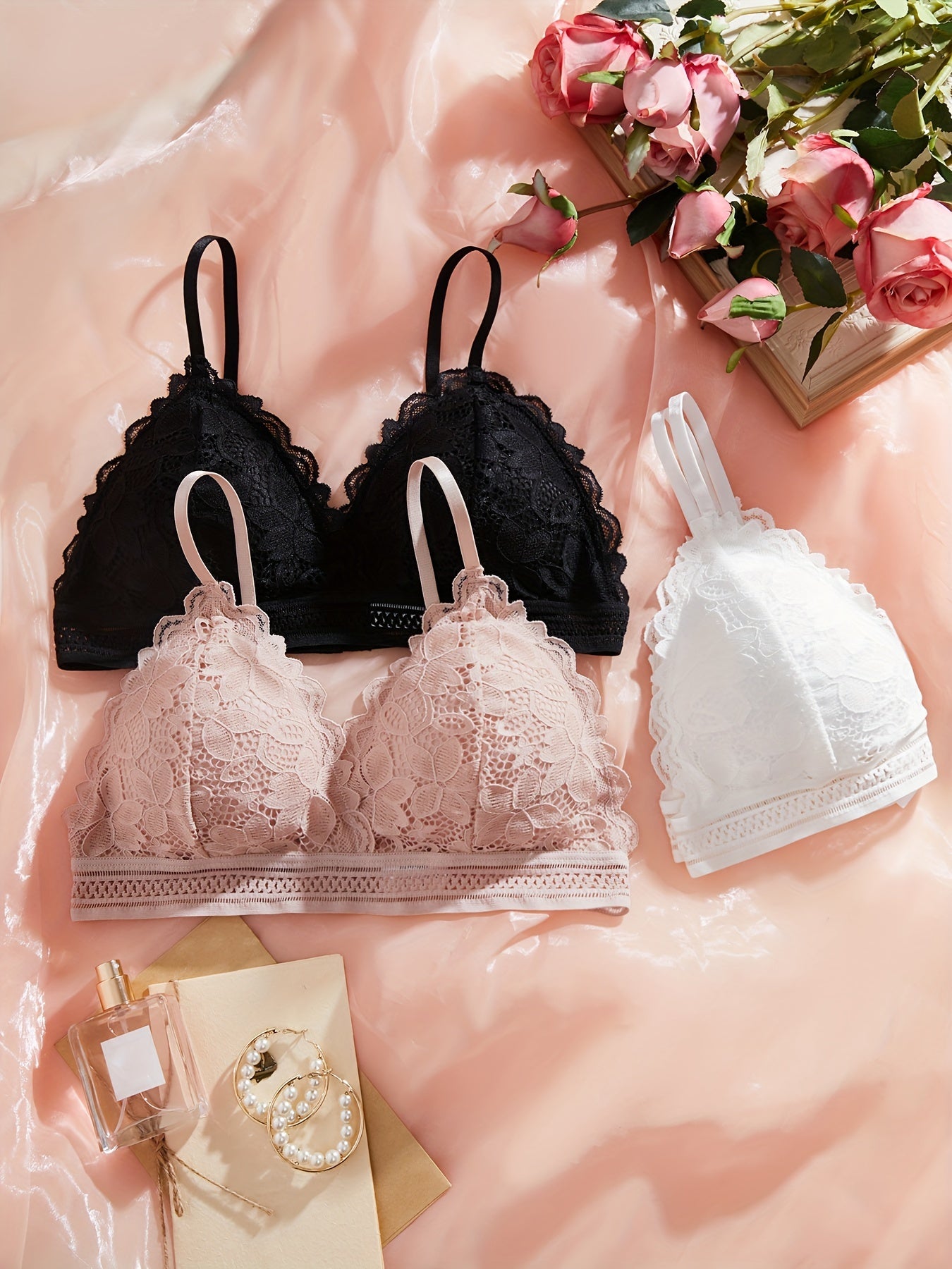 Women's Floral Lace Wireless Bra Set 3 Pieces Comfortable Breathable Lingerie