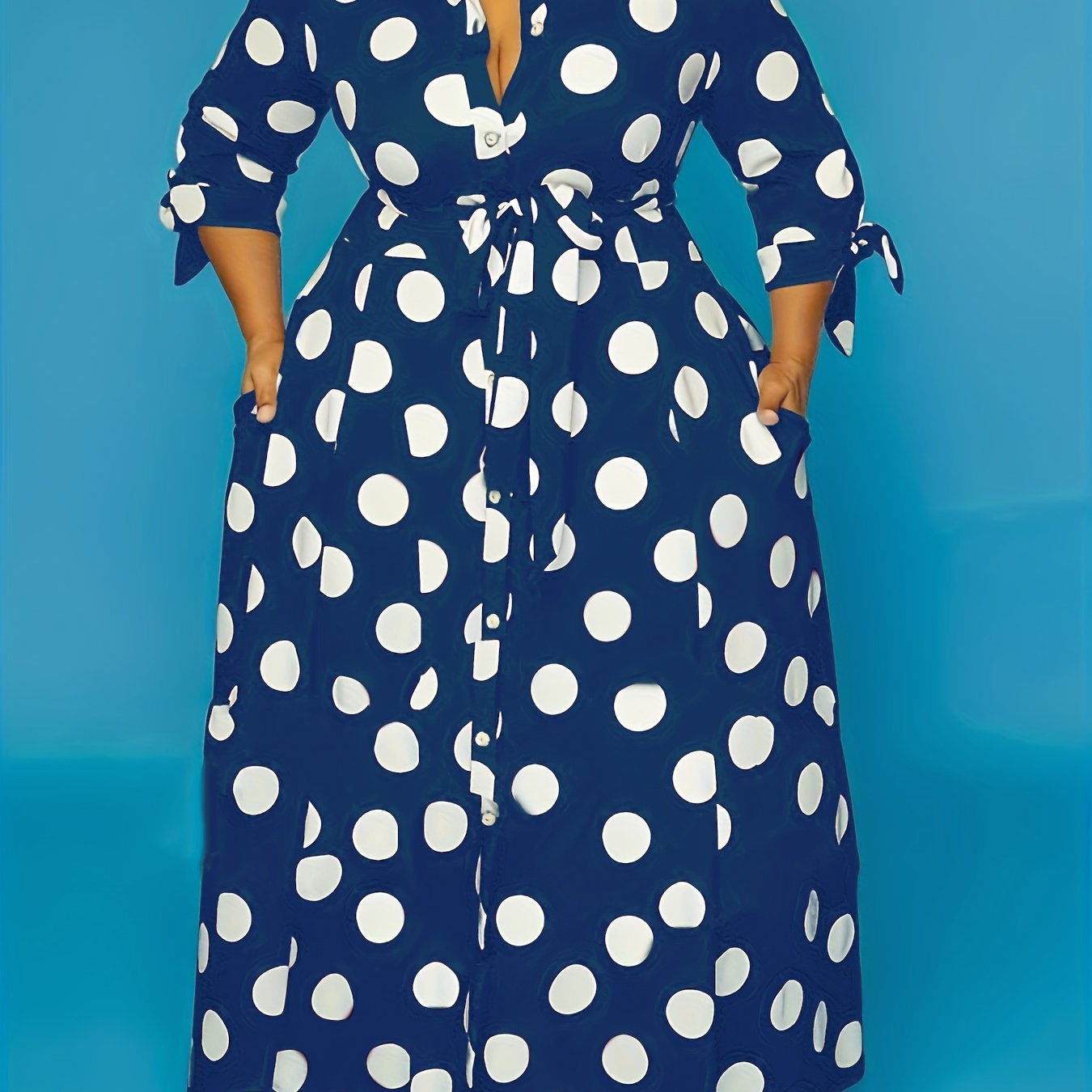 Plus Size Women's Polka Dot Maxi Dress with Collared Button Front and Belt