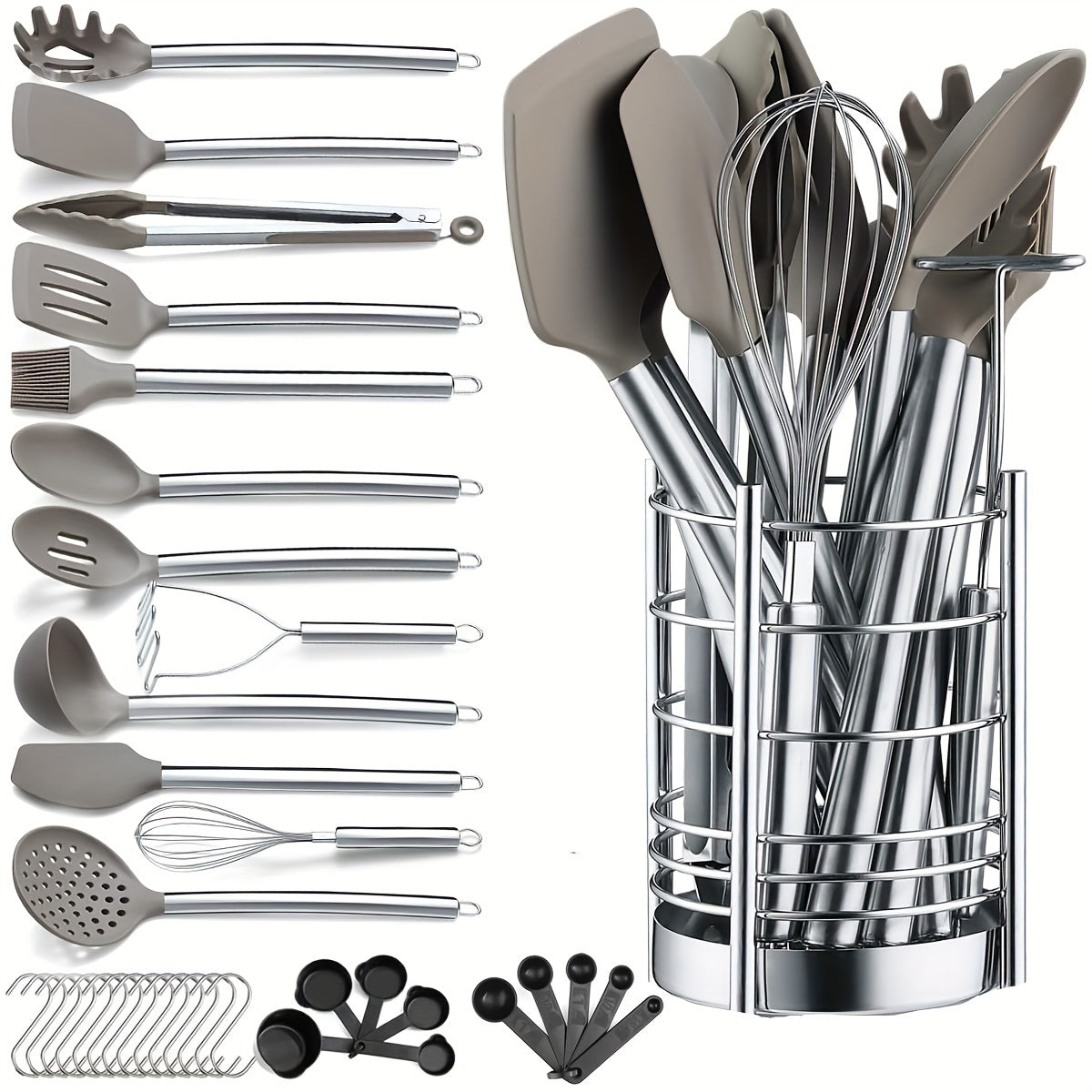 Juego de 39 utensilios de silicona antiadherente para cocina con soporte de acero inoxidable