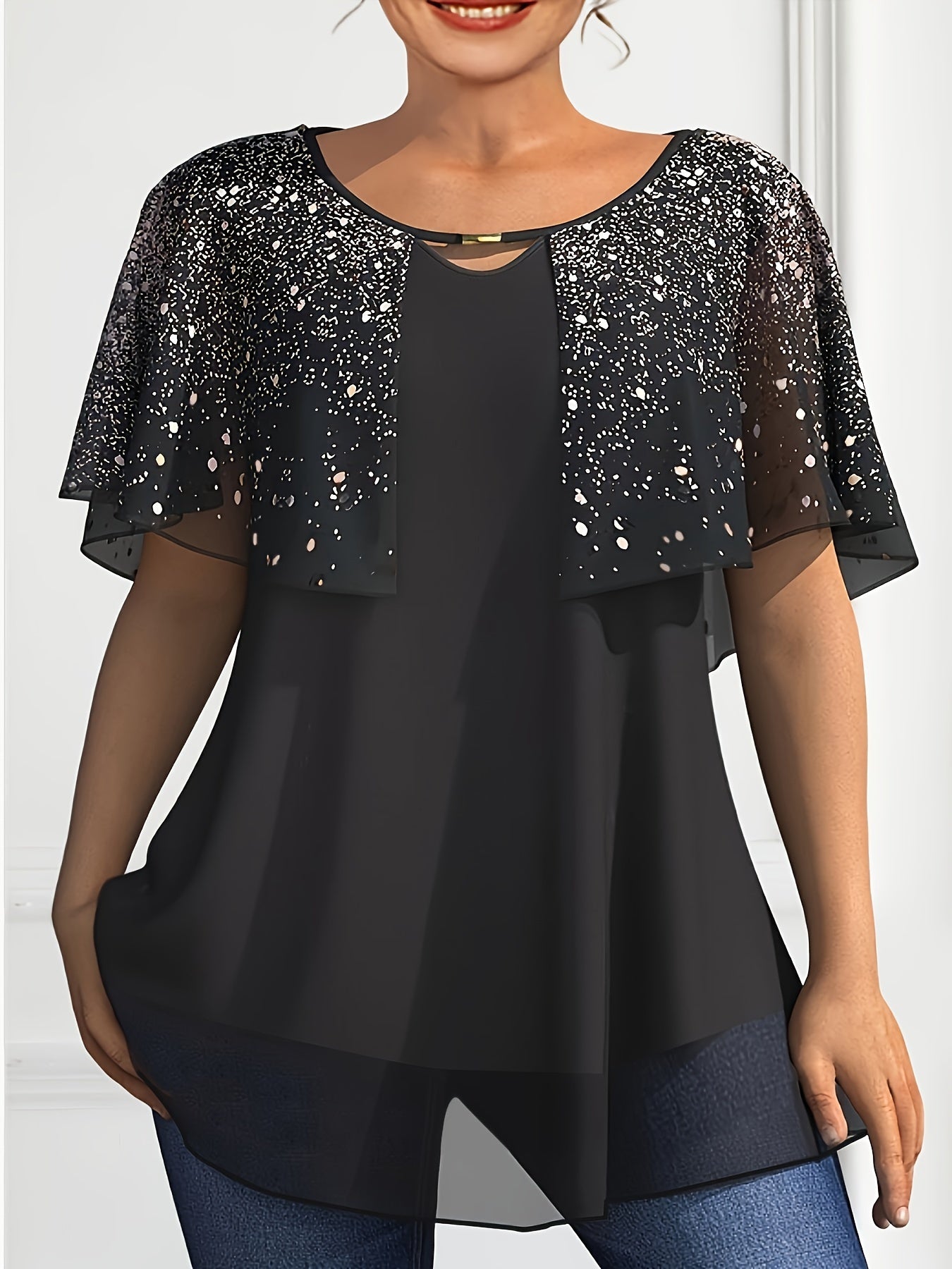Plus Size Women's Chiffon Cardigan Black Starry Sky Pattern Lightweight Layering