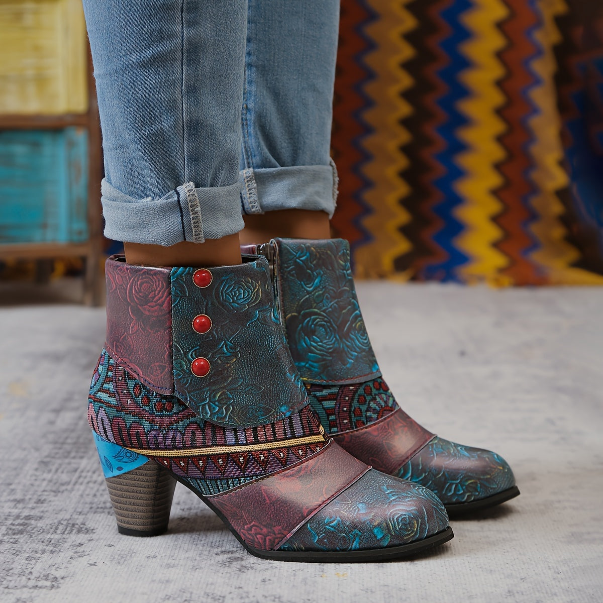 Women Bohemian Ankle Boots Fabric Insole Block Heel with Floral Patterns
