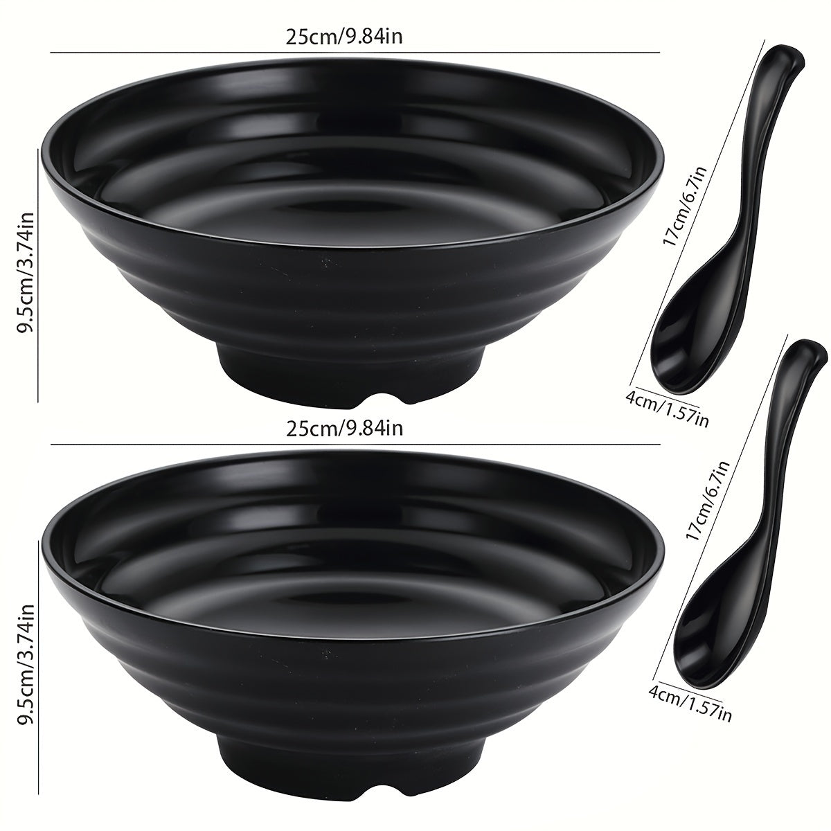 Set of 2 Black Polypropylene Ramen Bowls Microwave Safe Dishwasher Safe with Spoons