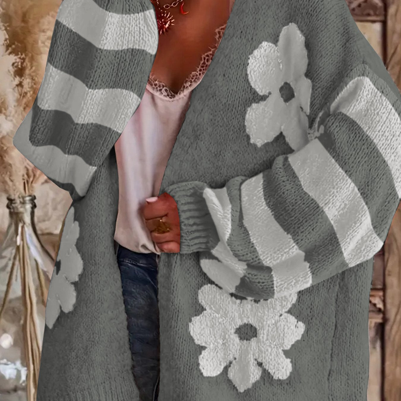 Plus Size Women's Floral V-Neck Cardigan Lightweight Knit Sweater for Fall Winter