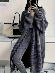 Women's Gray Long Cardigan with Pockets V-Neck Knit Sweater Coat for Fall Winter