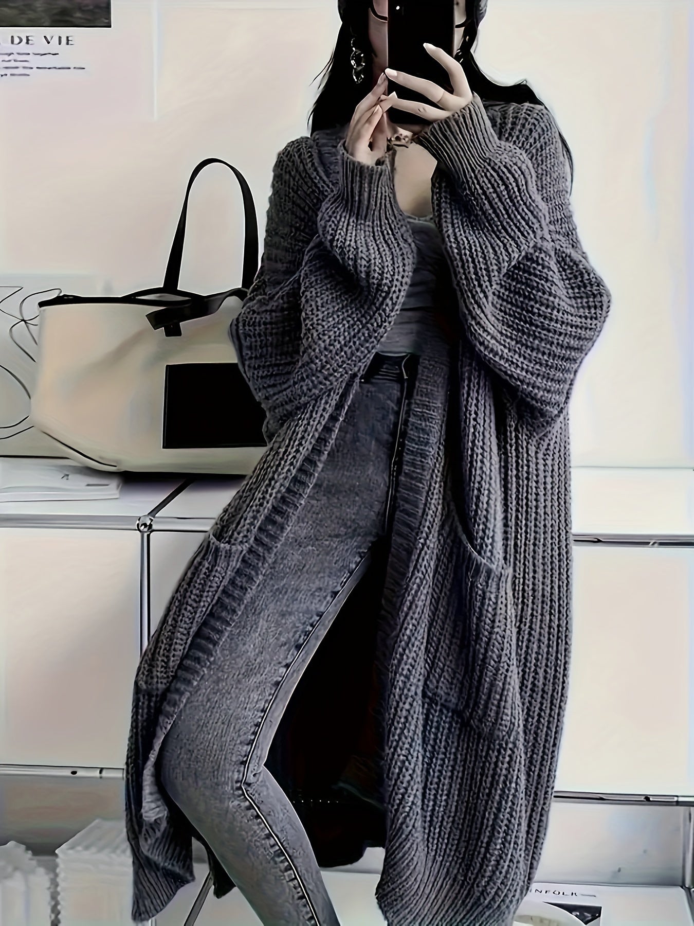 Women's Gray Long Cardigan with Pockets V-Neck Knit Sweater Coat for Fall Winter