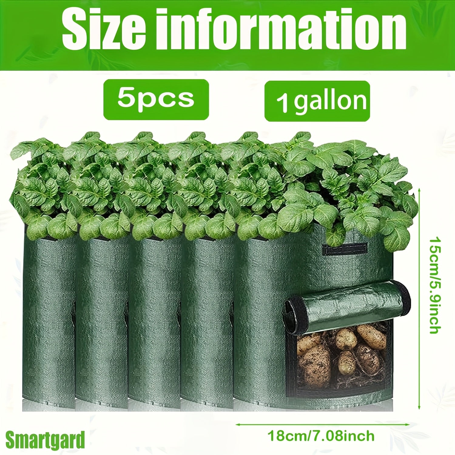 5pcs Green 7-Gallon Fabric Grow Bags with Handles for Outdoor Vegetable Gardening