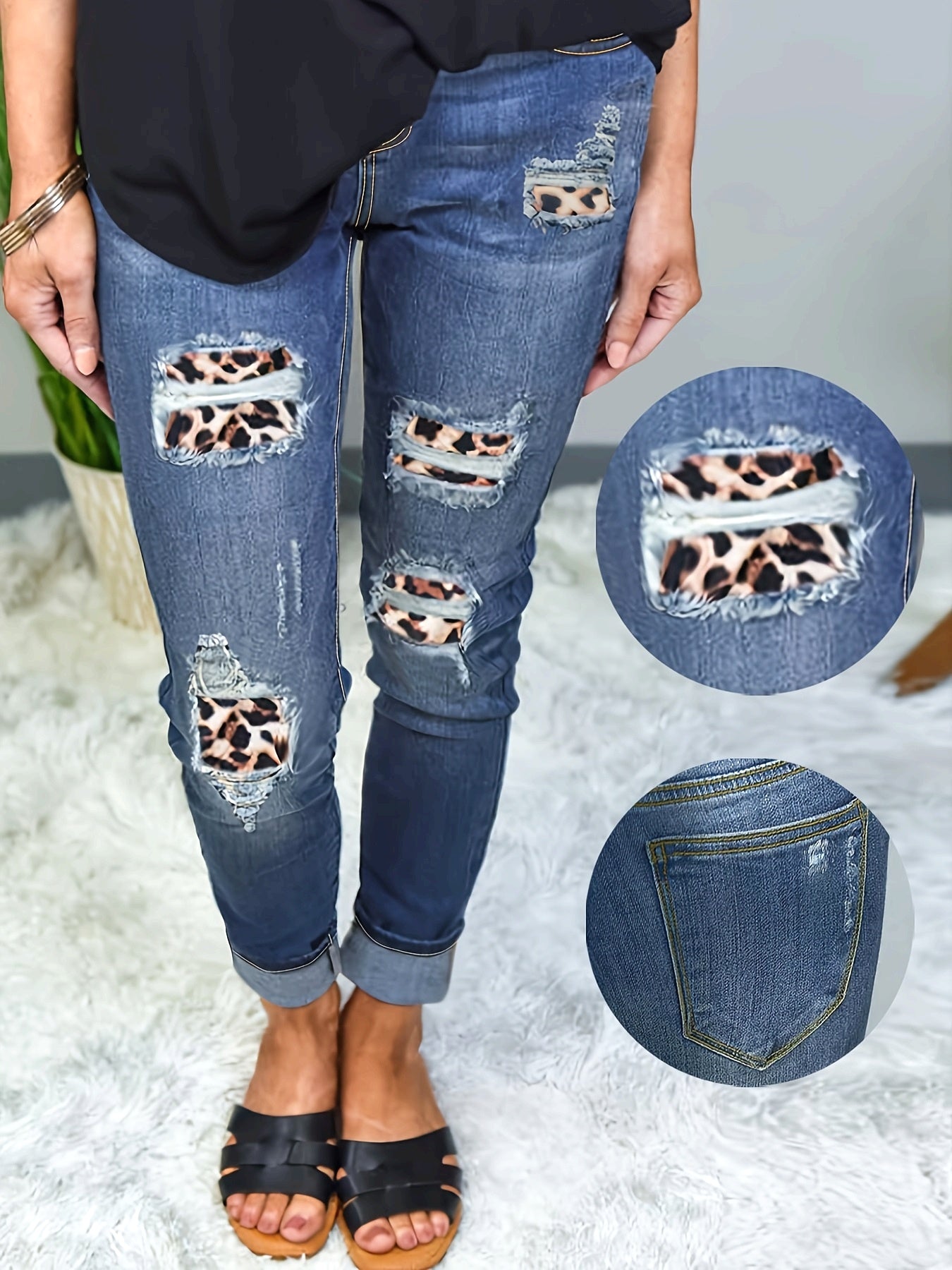 Women's Plus Size Leopard Print Patchwork Slim-Fit Jeans Stretch Denim Cuffed