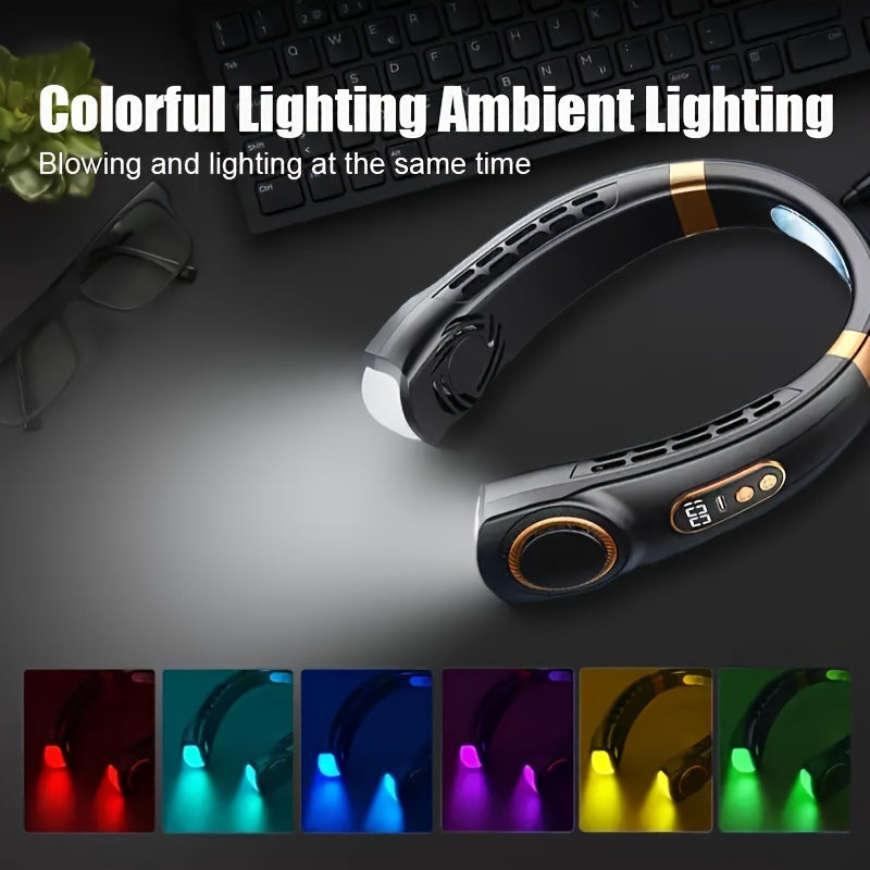 Portable Wearable Neck Fan with LED Lights, 5-Speed, Silent, Rechargeable
