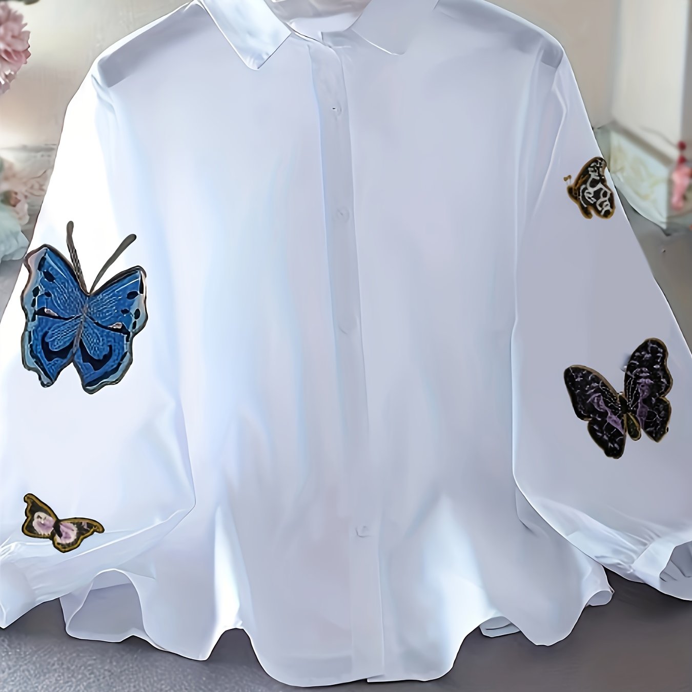 Women's Long Sleeve Butterfly Print Shirt for Spring Summer Polyester Embroidered Elegant