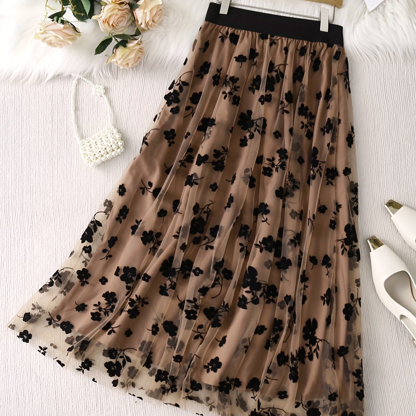 Women's Tulle Skirt with Embroidered Floral Print Regular Length A-Line Casual Style