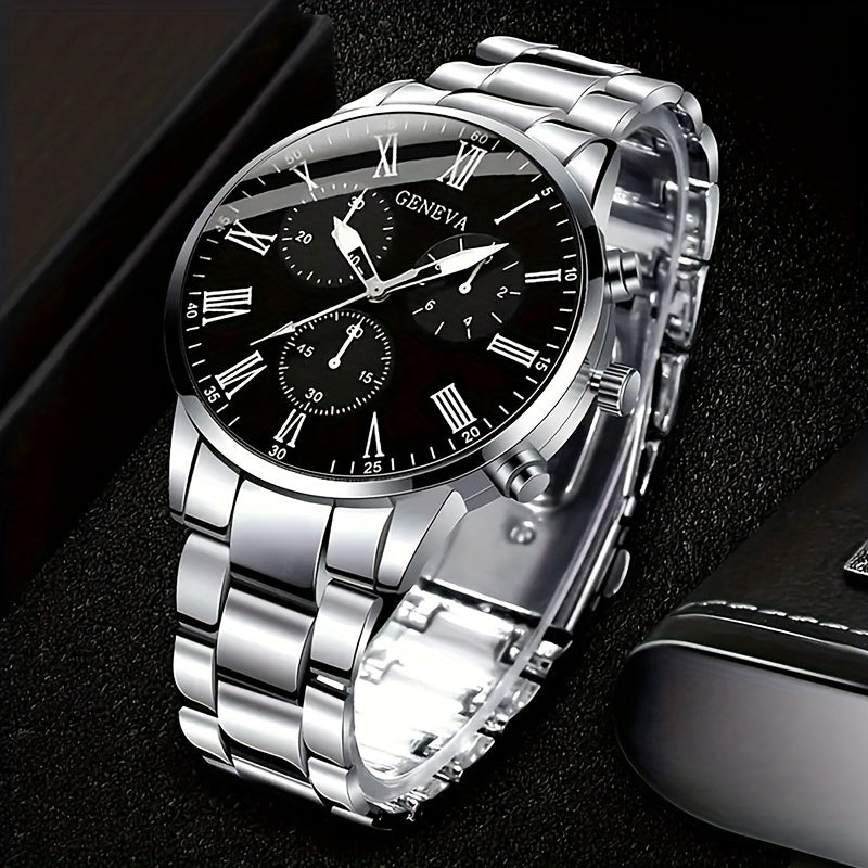 Men's Gift Set Stainless Steel Watch Necklace Bracelet Ring Business Casual