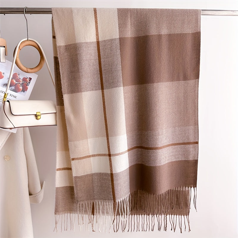 Qishki shalv ayollar uchun faux kaşmirli plaid, tasselled, vintage uslub