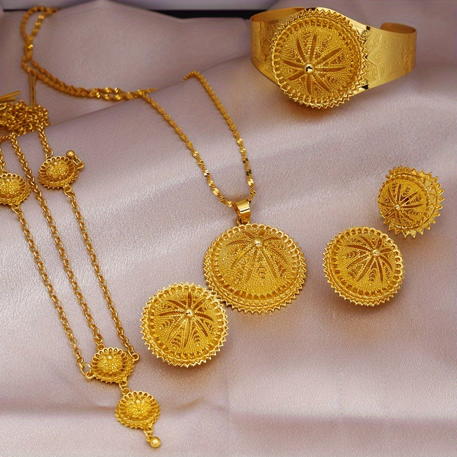 Vintage Copper Alloy Jewelry Set with Necklace Earrings Ring Bracelet and Head Chain for Weddings and Parties