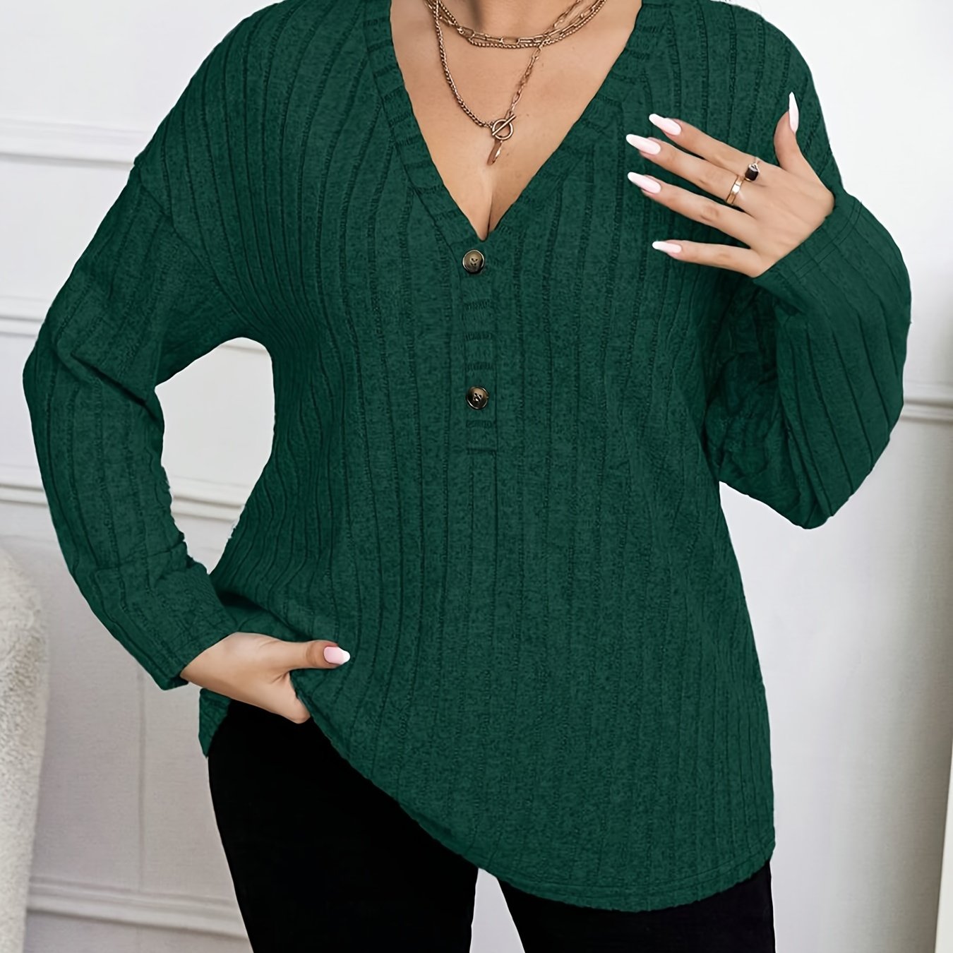 Plus Size V-Neck T-Shirt for Women Polyester Solid Button Decor Fall Spring