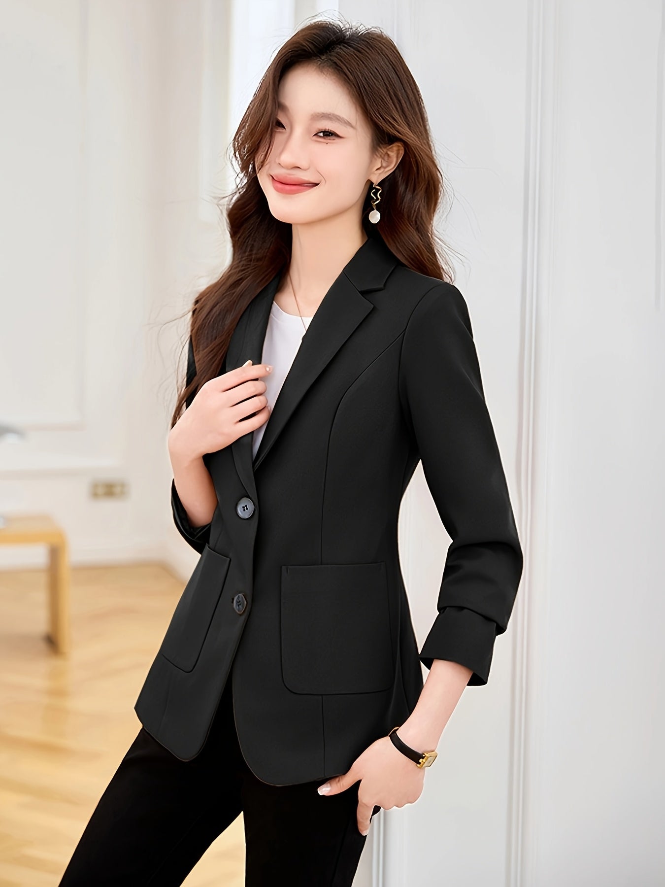 Women's Black Korean Style Blazer Casual Single-Breasted Jacket with Lapel