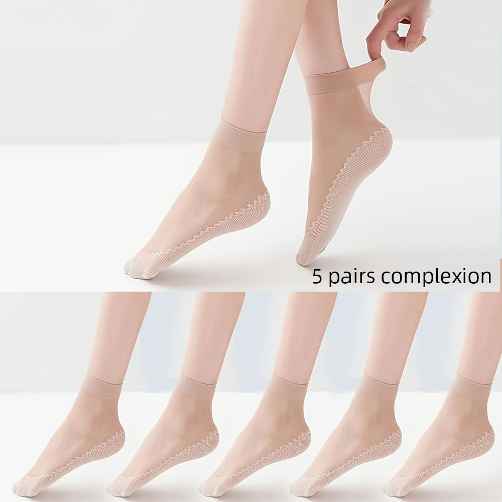 Women’s Knee-High Semi-Sheer Socks 5 Pairs Non-Slip Breathable Polyester