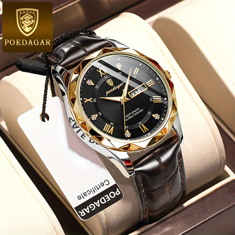 Men's Waterproof Luminous Dual Calendar Quartz Watch with Alloy Case and PU Leather Strap