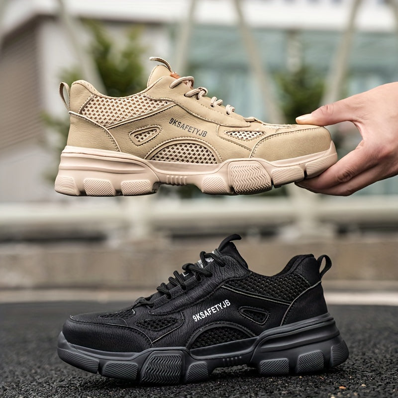 Men's Safety Shoes Lightweight Steel Toe Non-Slip Puncture-Resistant Rubber Breathable Mesh Beige