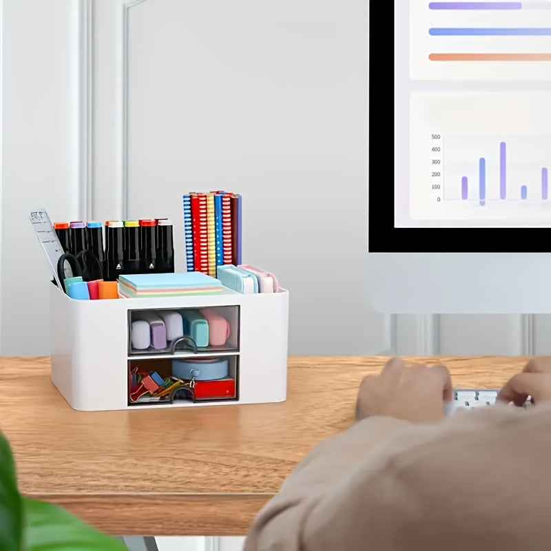 Multifunctional Desktop Organizer with Two Drawers for Office Supplies and Vanity Storage