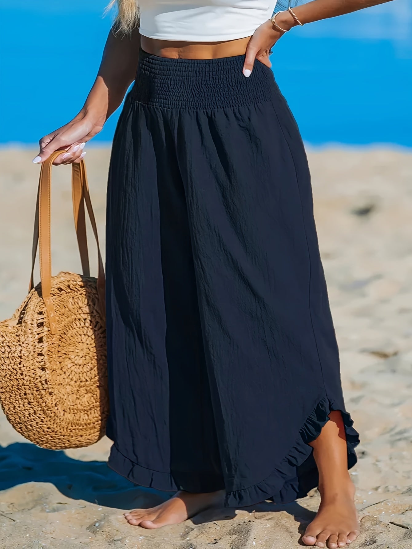 Plus Size Women's Olive Green Wide Leg Pants Elastic Waist Ruching Casual Trousers