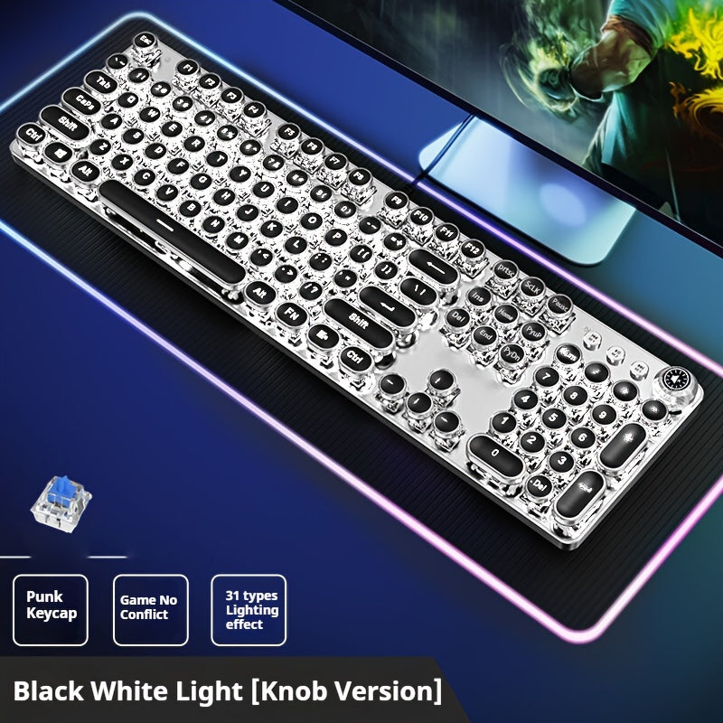 Full Size Mechanical Gaming Keyboard 104 Keys Metal Panel Backlit USB Wired with Multimedia Knob Black Switches