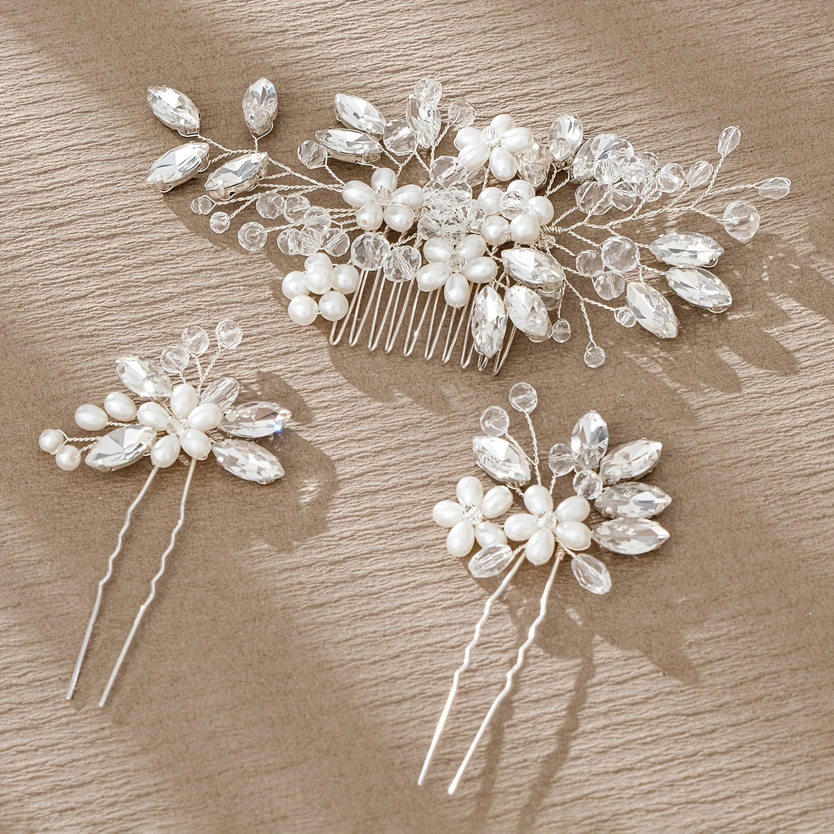 Pack of 3 Bridal Hair Accessories Faux Pearl Floral Hair Comb and Crystal Hair Pins