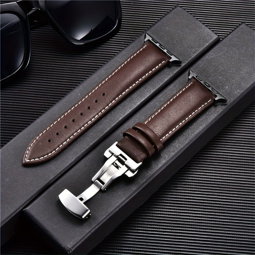 PU Leather Watch Band with Butterfly Clasp Compatible with All Apple Watch Models 38/40/41mm 42/44/45/49mm