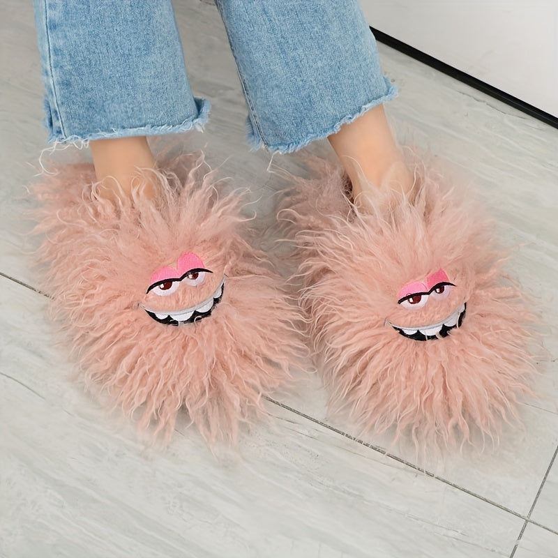 Women's Furry Slides Funny Face Cozy Slippers for Winter