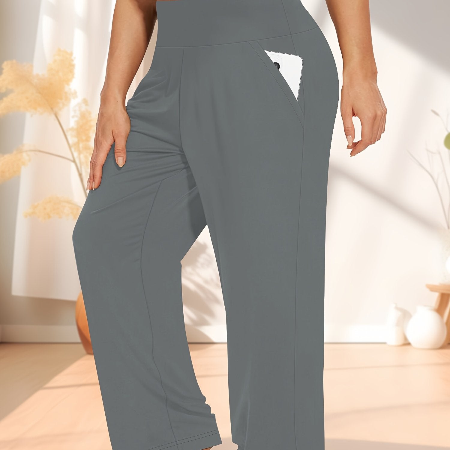 Women's Plus Size High-Waisted Wide Leg Breathable Yoga Pants With Pockets