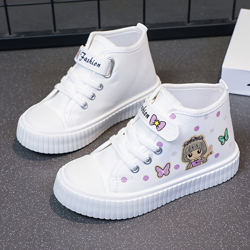 Girls' Canvas High-Top Sneakers with Cartoon Pattern, Breathable, Durable Sole