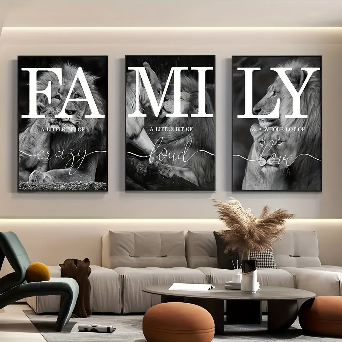 Unframed Black and White Lion Family Canvas Wall Art Set for Bedroom Living Room Decor