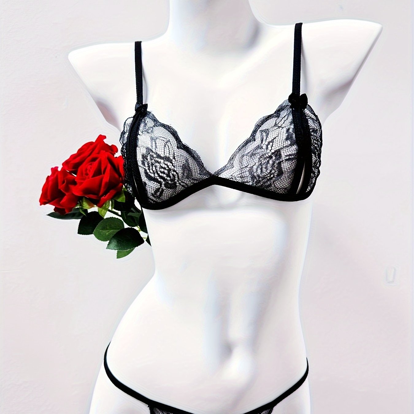 Women's Floral Lace Lingerie Set Triangle Bra and Open Crotch Thong