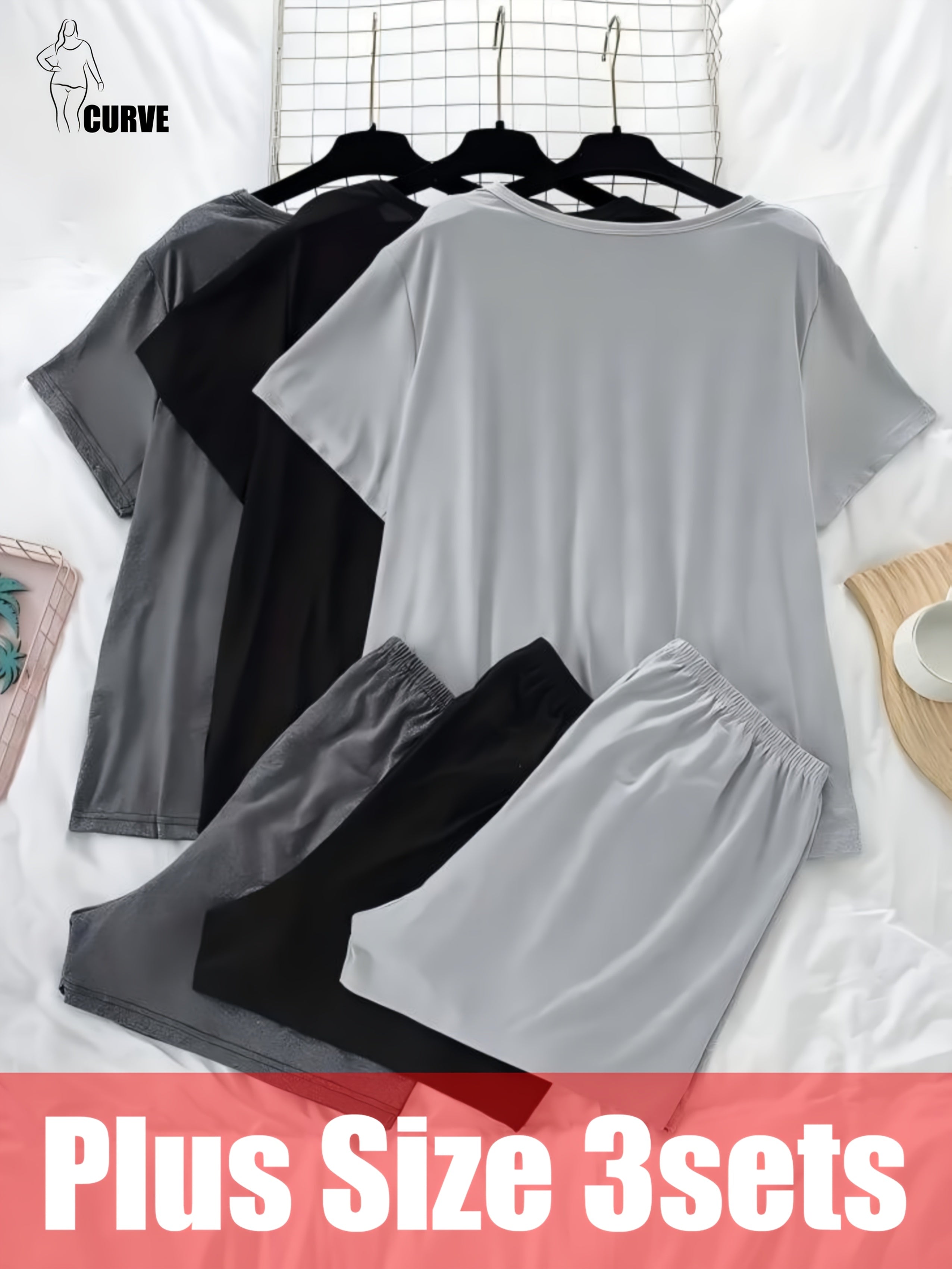 Women's Plus Size Pajama Set Lounge Wear Short Sleeve Top Shorts 3 Colors