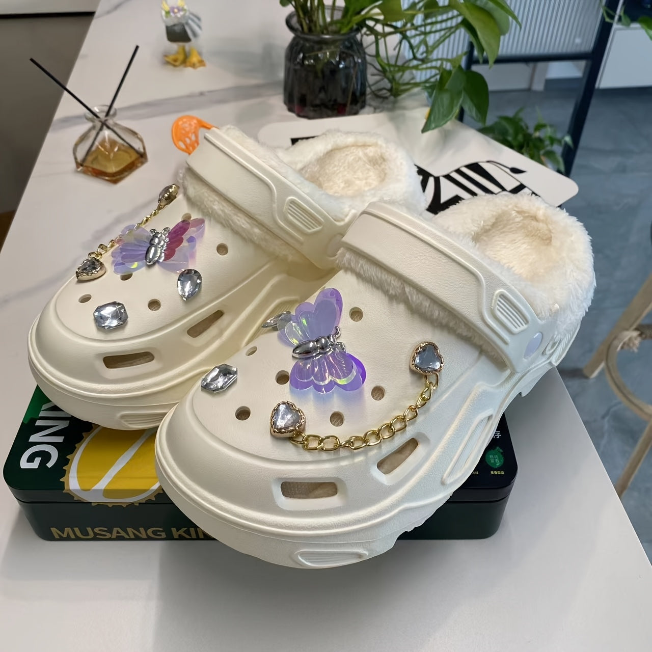 Women's Warm Plush Lined Shoes with Butterfly Heels and Bear Accessories