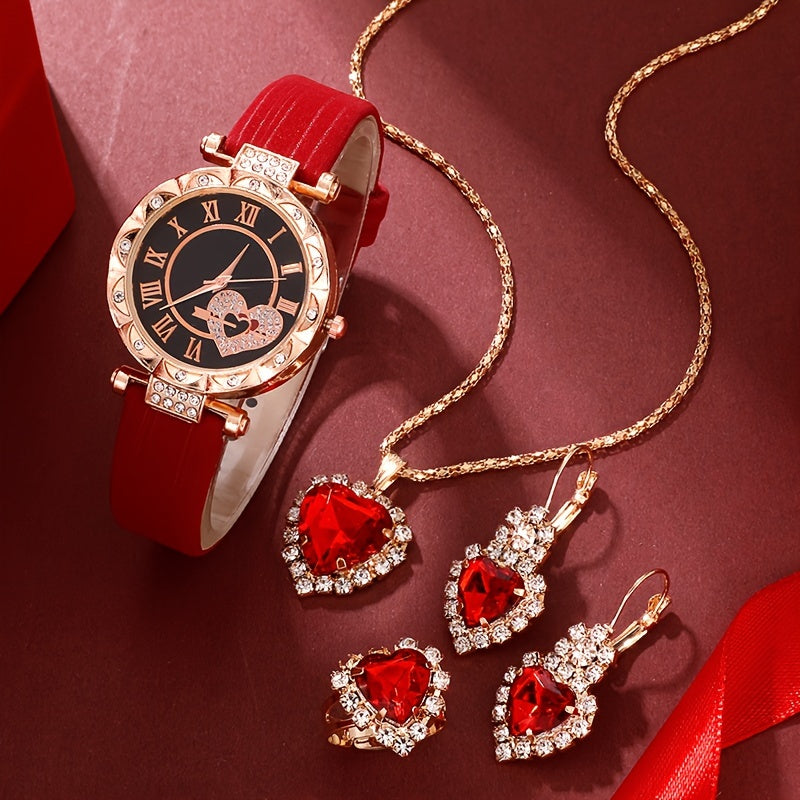 5 ta ayollar uchun romantik rhinestone yurak soatlari to'plami, kvarts mexanizmi va PU charm bandlari bilan