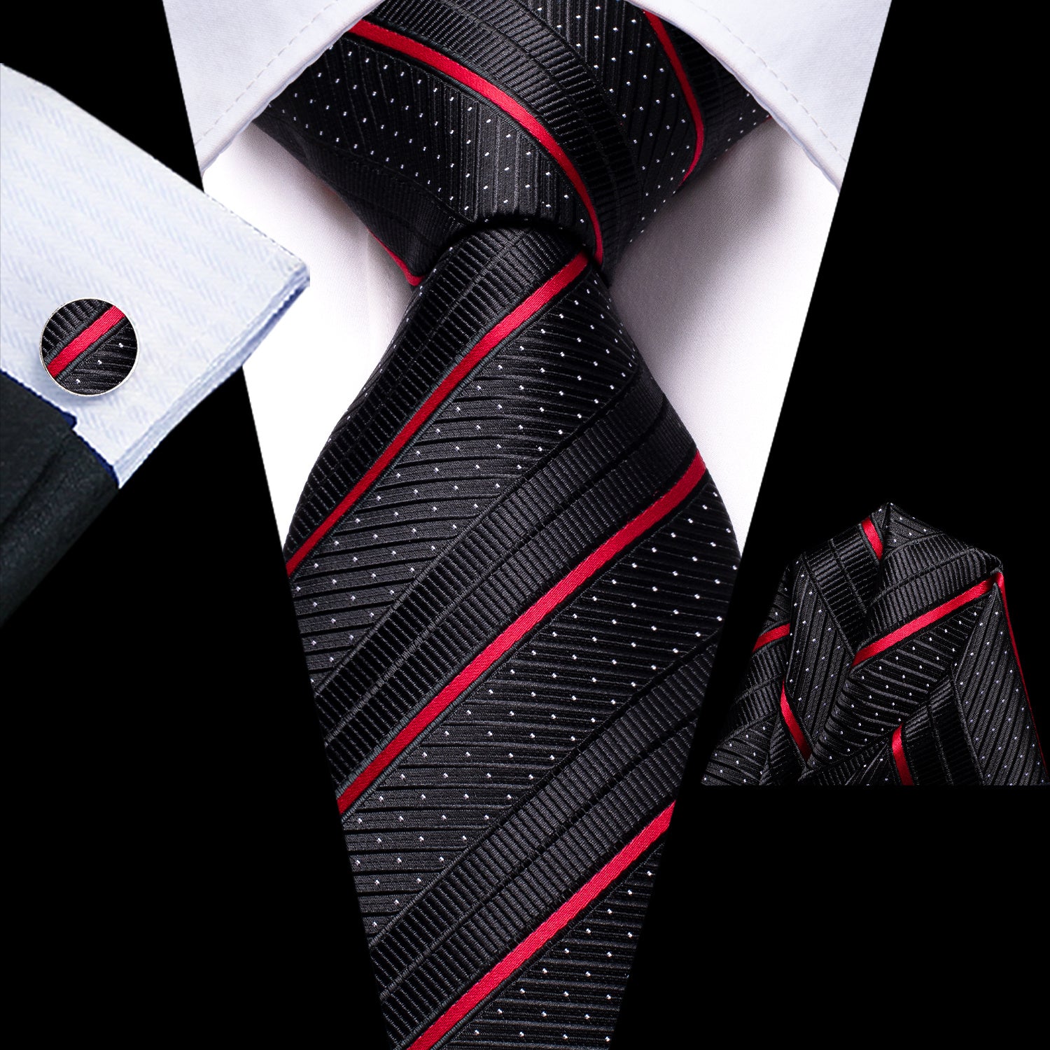 Striped Necktie Set with Cufflinks for Business, Parties, Weddings
